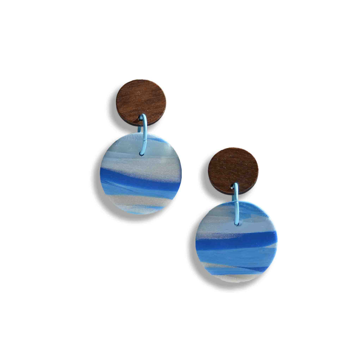 Blue horizon circular drop abstract earrings with wooden studs