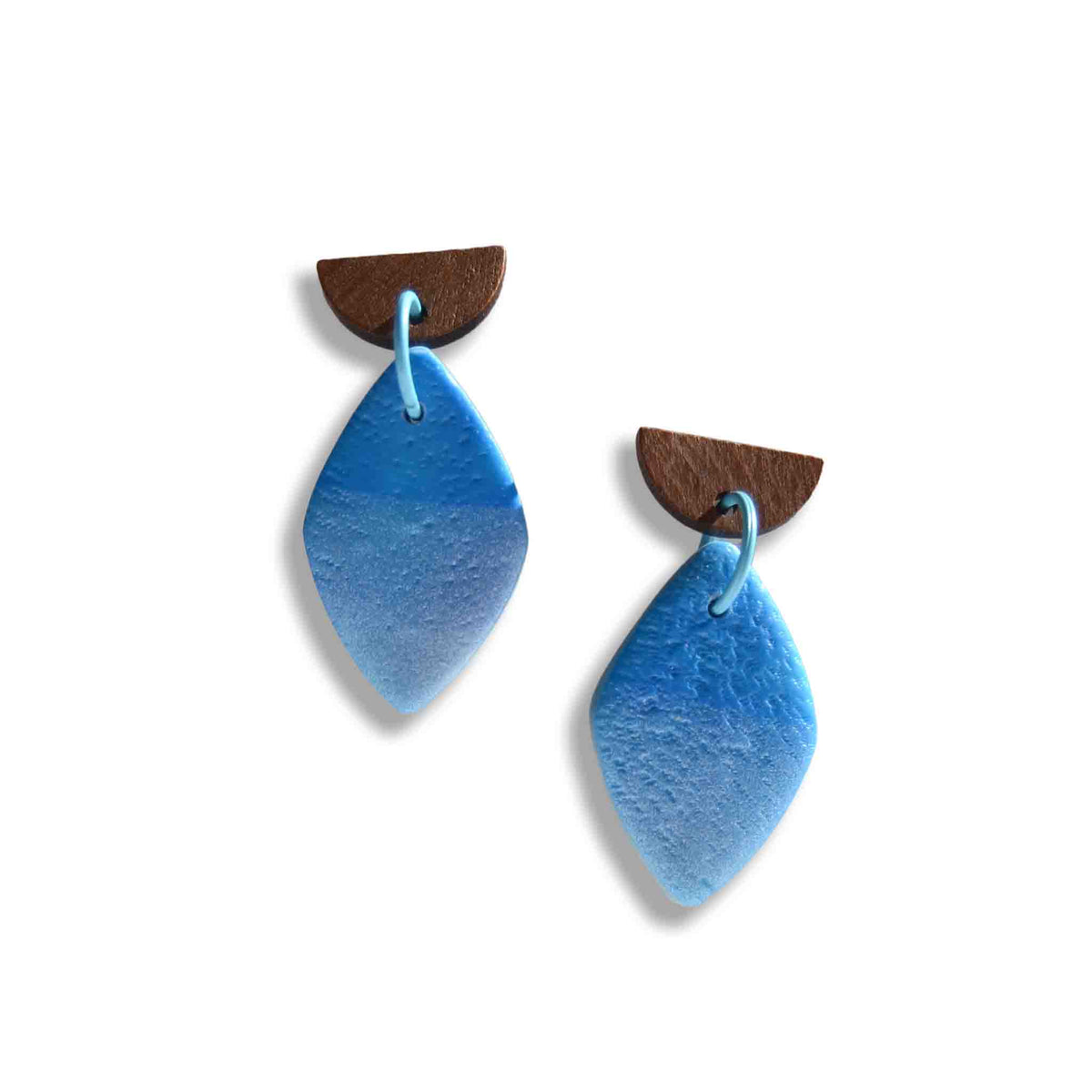 Blue horizon drop earrings with half moon wooden studs