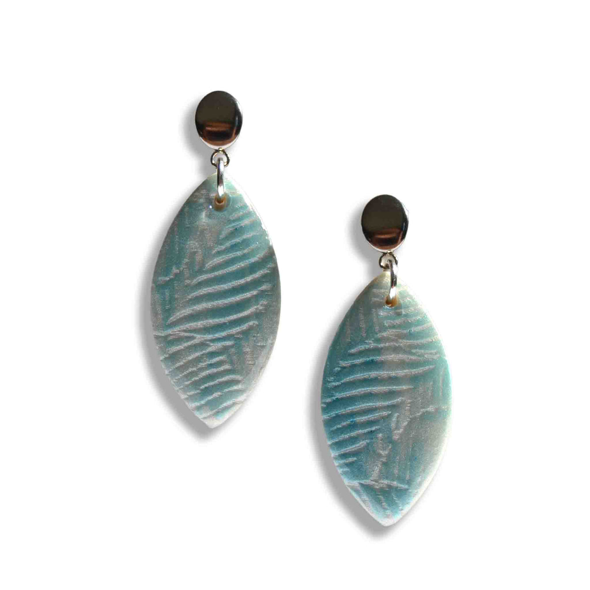 Blue horizon leaf drop earrings with stainless steel studs