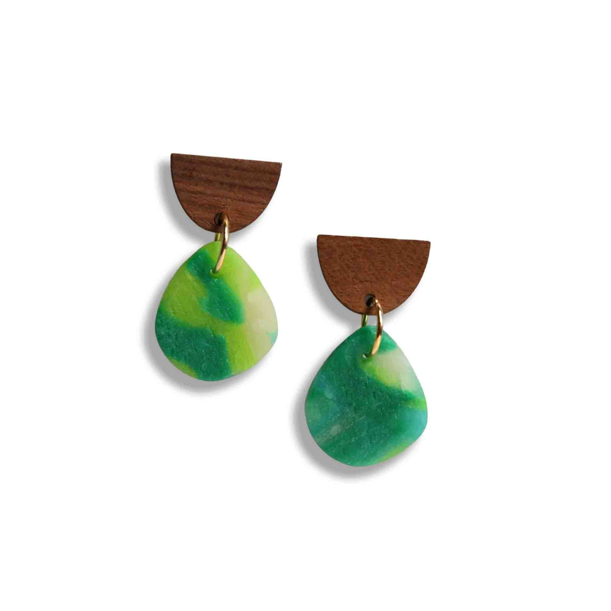 Earth green dangle earrings with wooden studs