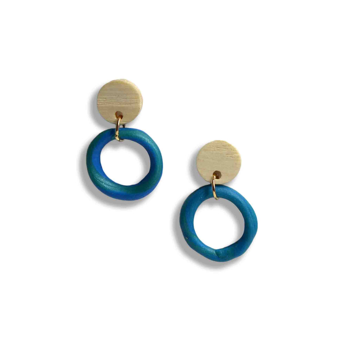 Earth ocean blue and green open hoops with wooden studs