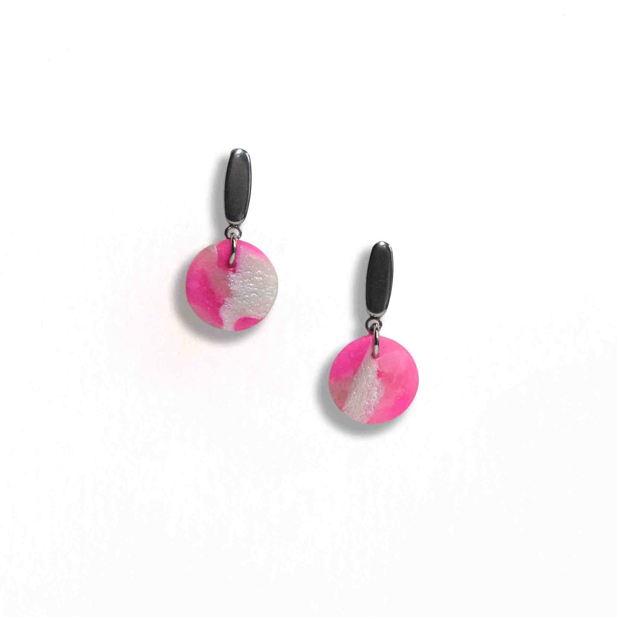 Pretty in pink dangle earrings with stainless steel bar studs