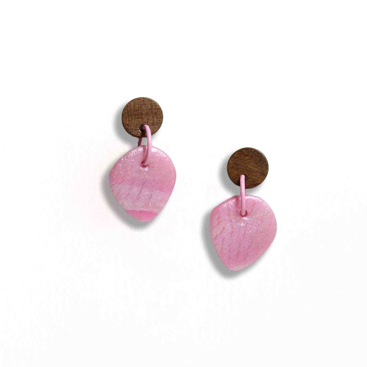 Pretty in pink pearlescent drop earrings with wooden stud