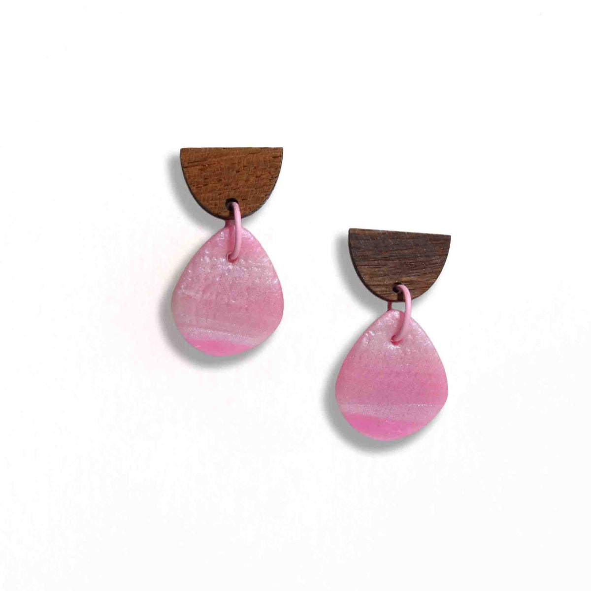 Pretty in pink drop earrings with wooden half moon stud
