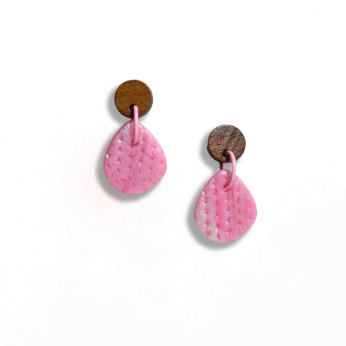 Pretty in pink textured drop earrings with wooden stud