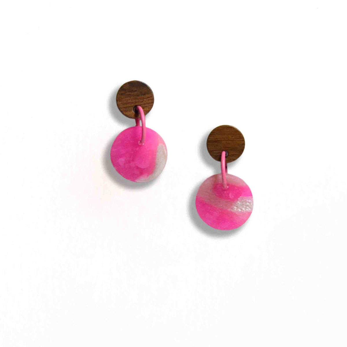 Pretty in pink round drop earrings with wooden stud